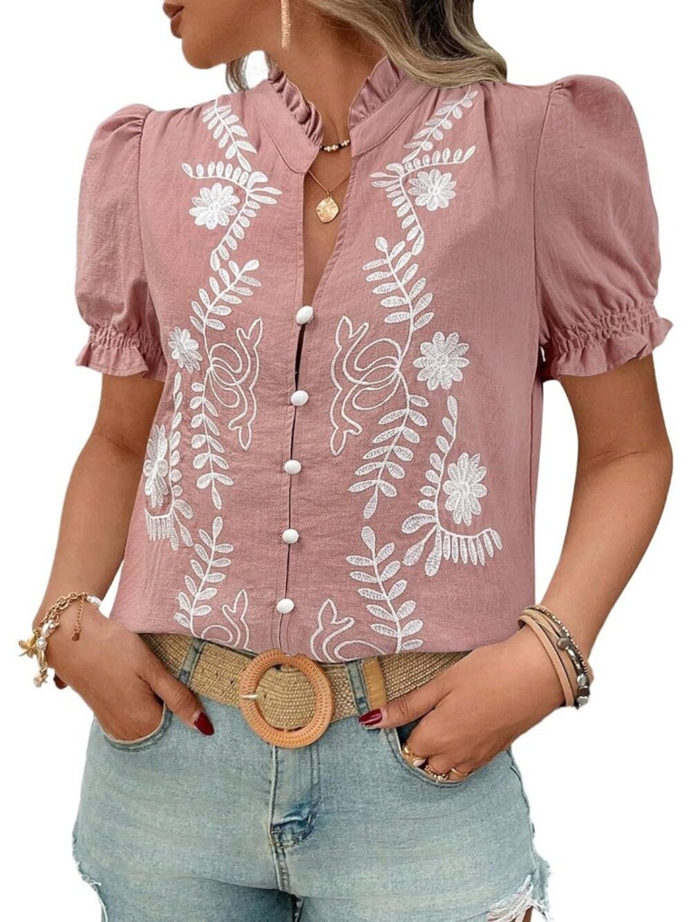 Women's Summer Tops Ruffle V Neck Pink Puff Short Sleeve Button Down Blouses